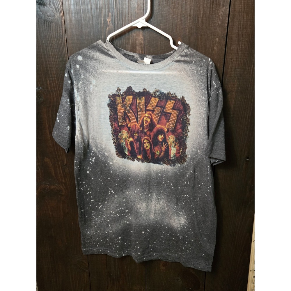 KISS‎ Band Graphic T-Shirt Mens Large Gray Bleached Distressed Splatter Rock Tee